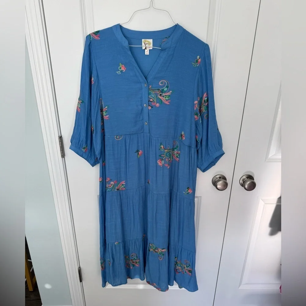 Anthropologie Fig And Flower Dress Womens XL Blue Tiered Embroidered Maxi - Picture 1 of 7